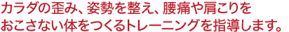 カラダの歪み、姿勢を整え、腰痛や肩こりを おこさない体をつくるトレーニングを指導します。